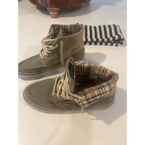 Sperry Mens Olive High-Top Canvas Boat Shoes With Plaid Lining Lace-Up Closure S